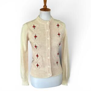 Vintage 1950s Cream Floral Embroidered Cardigan Sweater Diamond Knit